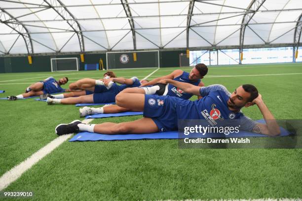 Davide Zappacosta of Chelsea during a training session at Chelsea Training Ground on July 7, 2018 in Cobham, England.