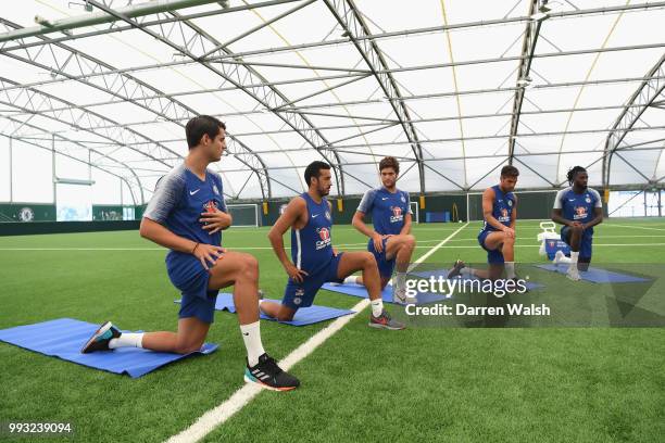 Alvaro Morata, Pedro, Marcos Alonso, Cesc Fabregas and Tiemoue Bakayoko of Chelsea during a training session at Chelsea Training Ground on July 7,...