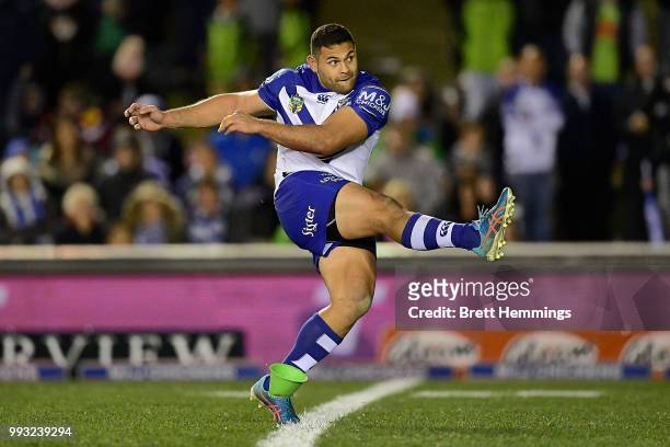 Rhyse Martin of the Bulldogs converts a try during the round 17 NRL match between the Canterbury Bulldogs and the Canberra Raiders at Belmore Sports...