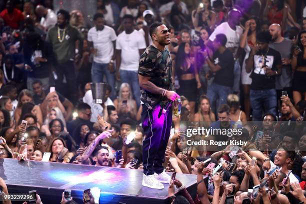 Recording artist Nelly performs onstage at Kevin Hart's birthday party at Drai's Beach Club - Nightclub at The Cromwell Las Vegas on July 8, 2018 in...