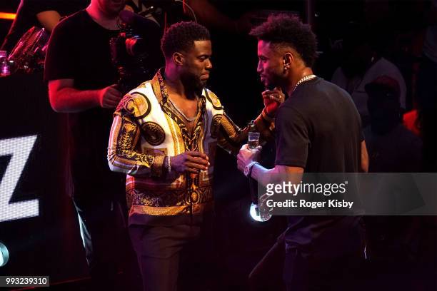 Actor/comedian Kevin Hart and recording artist Trey Songz speak at Hart's birthday party at Drai's Beach Club - Nightclub at The Cromwell Las Vegas...