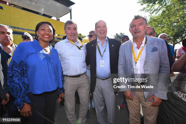 Start / Prince Albert of Monaco / Laura Flessel of France French Minister of Sport / Eddy Merckx of Belgium during the 105th Tour de France 2018,...