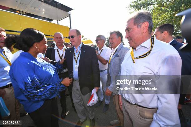 Start / Prince Albert of Monaco / Laura Flessel of France French Minister of Sport / Eddy Merckx of Belgium during the 105th Tour de France 2018,...