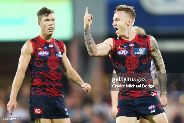 James Harmes of the Demons celebrates a goal during the round 16 AFL match between the Melbourne Demons and the Fremantle Dockers at TIO Stadium on...