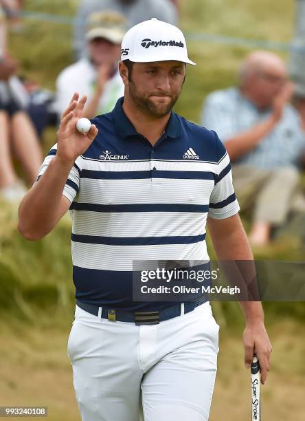 Donegal , Ireland - 7 July 2018; Jon Rahm of Spain acknowledges the crowd after putting in on the 13th green during Day Three of the Dubai Duty Free...