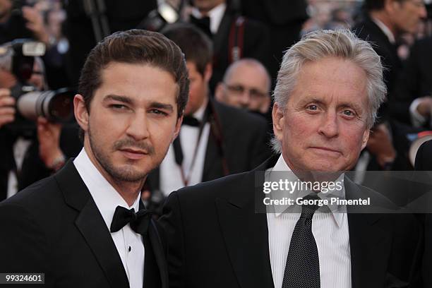 Actors Shia LaBeouf and Michael Douglas attend the Premiere of 'Wall Street: Money Never Sleeps' held at the Palais des Festivals during the 63rd...