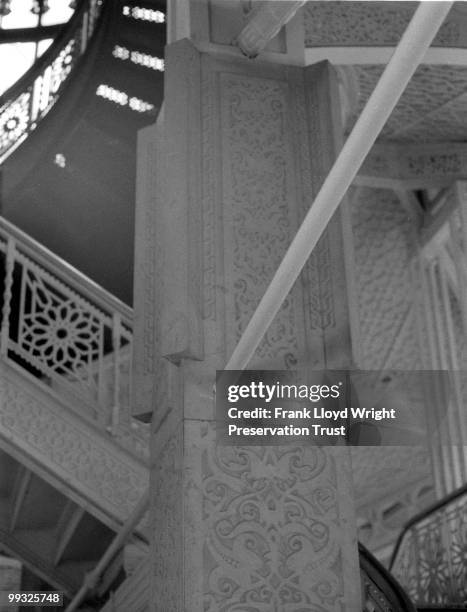 Rookery Building lobby staircase looking toward ceiling with Frank Lloyd Wright's 1905 alterations, Chicago, Illinois, undated.