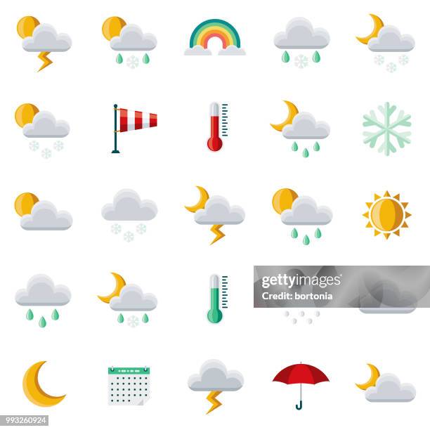 ilustraciones, imágenes clip art, dibujos animados e iconos de stock de el tiempo en conjunto de iconos de diseño plano - weather icons