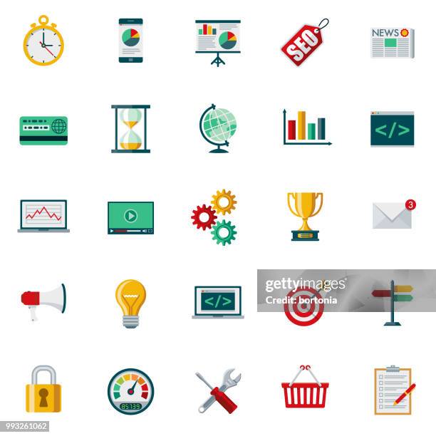 search engine optimization (seo) flat design icon set - search engine icon stock illustrations