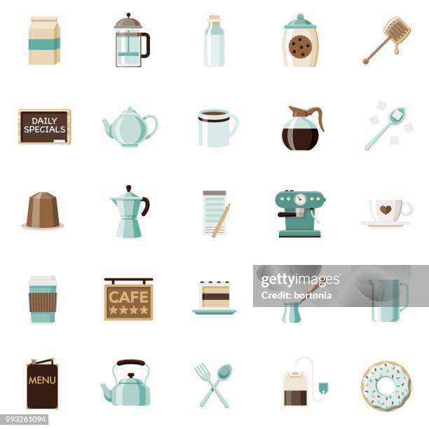illustrazioni stock, clip art, cartoni animati e icone di tendenza di set di icone flat design coffee & tea - moka