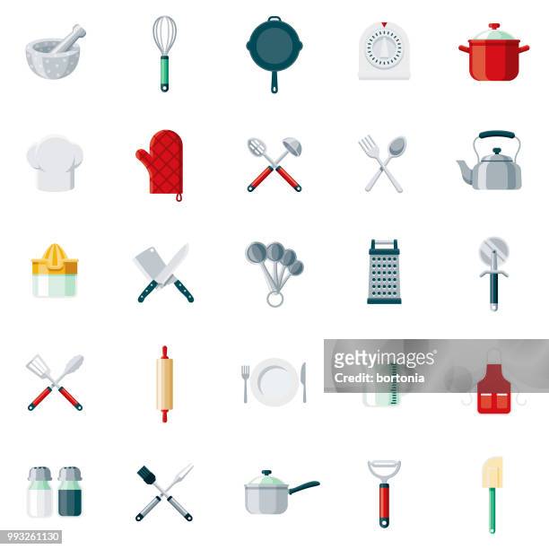 küche-tools-flaches design-icon-set - garkochen stock-grafiken, -clipart, -cartoons und -symbole