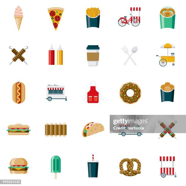 ilustrações, clipart, desenhos animados e ícones de conjunto de ícones de comida rua plana de design - comida de rua