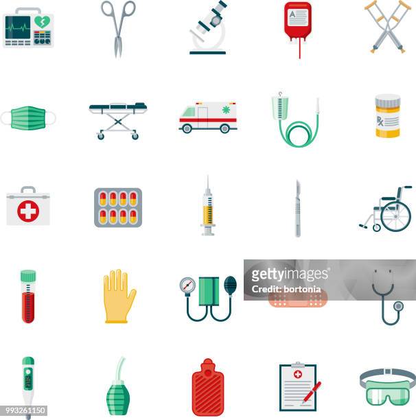 illustrazioni stock, clip art, cartoni animati e icone di tendenza di set di icone di design piatto per forniture mediche - tecnologia medica