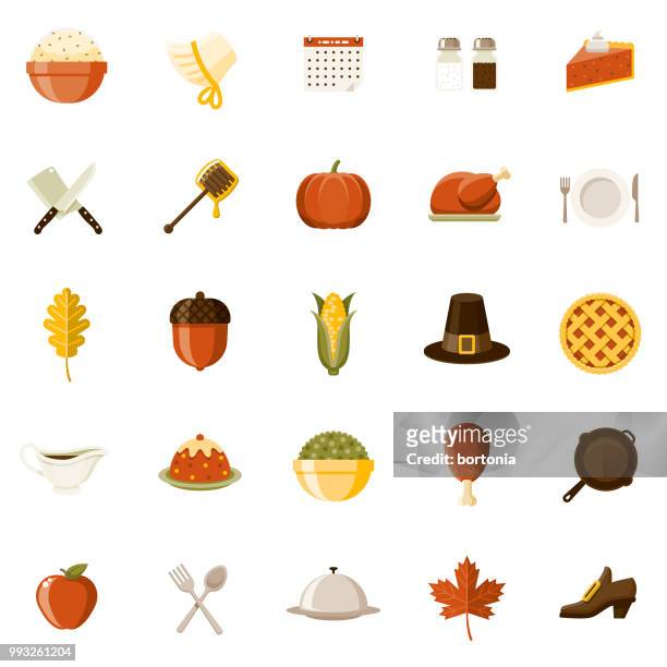 illustrazioni stock, clip art, cartoni animati e icone di tendenza di set di icone del ringraziamento flat design - turkey meat