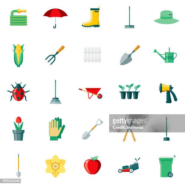 illustrations, cliparts, dessins animés et icônes de jardinage fournitures design plat icon set - pelle outil de travail
