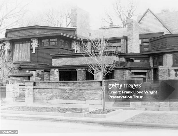 Studio entrance with 1911 windows, ornmanentation, and cantilever visible, at the Frank Lloyd Wright Home and Studio, located at 951 Chicago Avenue,...