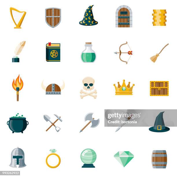 stockillustraties, clipart, cartoons en iconen met fantasie platte ontwerp icon set - weaponry