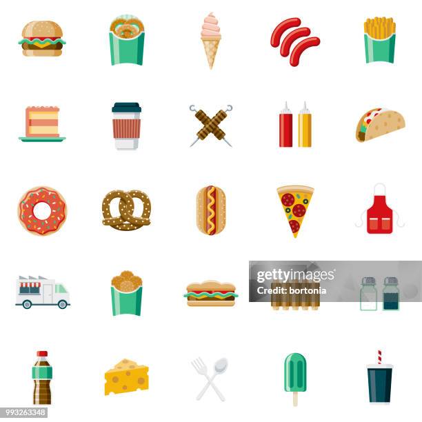 flaches design-fast-food-icon-set - unhealthy eating stock-grafiken, -clipart, -cartoons und -symbole