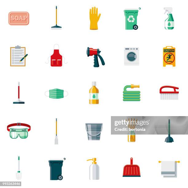 cleaning supplies flat design icon set - broom stock illustrations