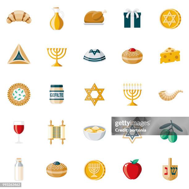 ilustraciones, imágenes clip art, dibujos animados e iconos de stock de hanukkah diseño plano icon set - prayer book