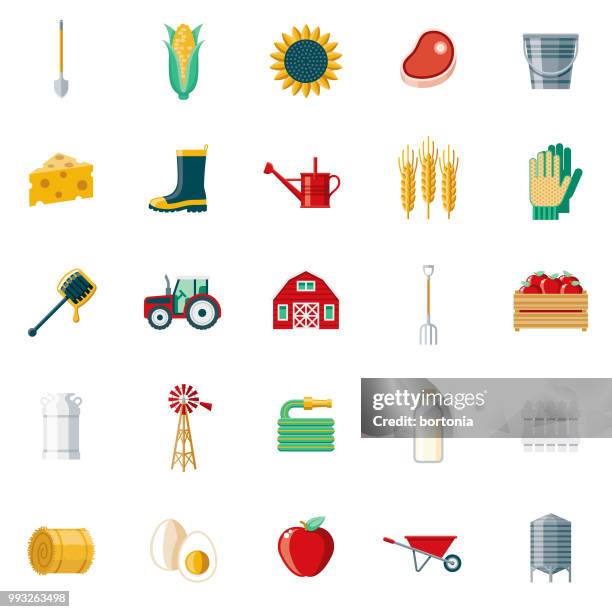 ilustraciones, imágenes clip art, dibujos animados e iconos de stock de agrícola y agricultura conjunto de iconos de diseño plano - guantes de trabajo