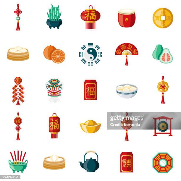 chinesisches neujahr-flaches design-icon-set - chinese new year vector stock-grafiken, -clipart, -cartoons und -symbole