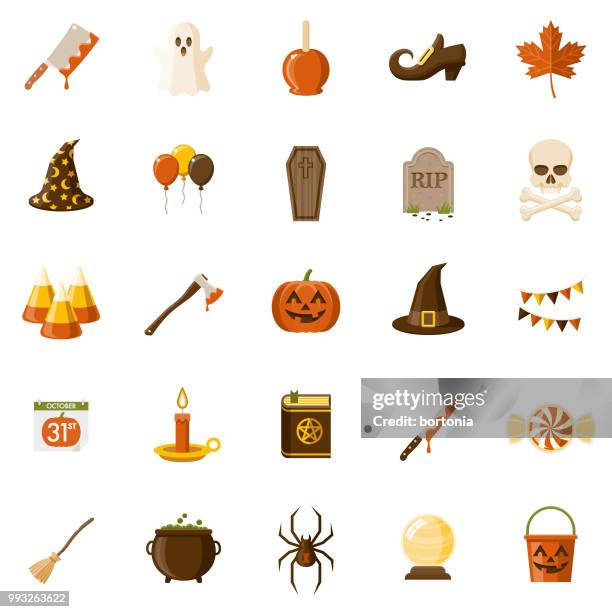 halloween flat design icon set - broom illustration stock illustrations