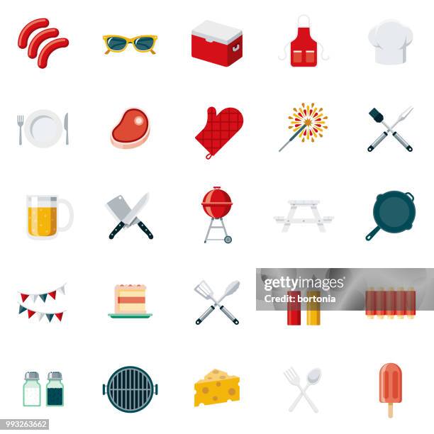 bbq flat design icon set - bbq rib plate stock illustrations