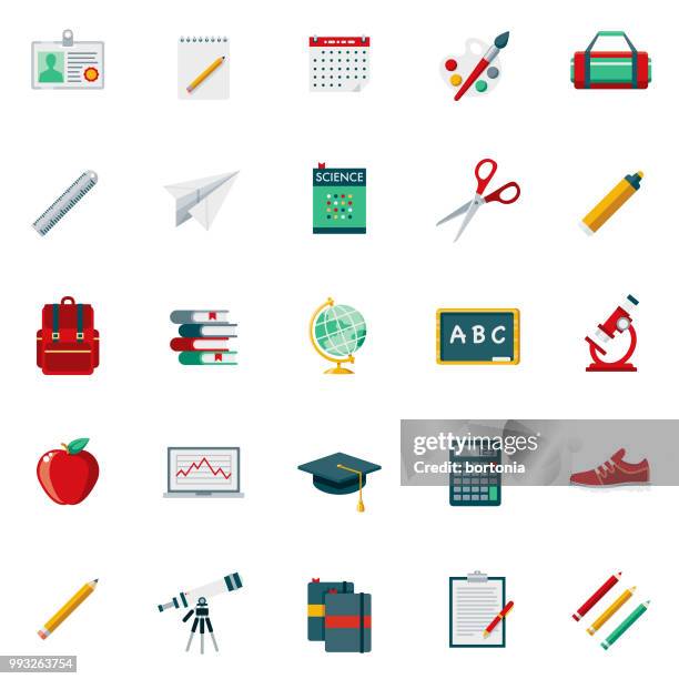 ilustraciones, imágenes clip art, dibujos animados e iconos de stock de conjunto de iconos de diseño plano escuela fuentes - edificio escolar