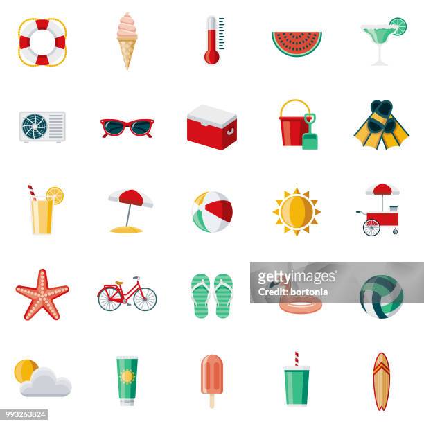 summer flat design icon set - large group of objects sport stock illustrations