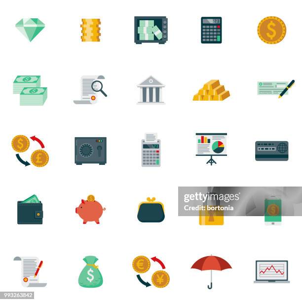 flache bauform banking und finance-icon-set - coin bank stock-grafiken, -clipart, -cartoons und -symbole