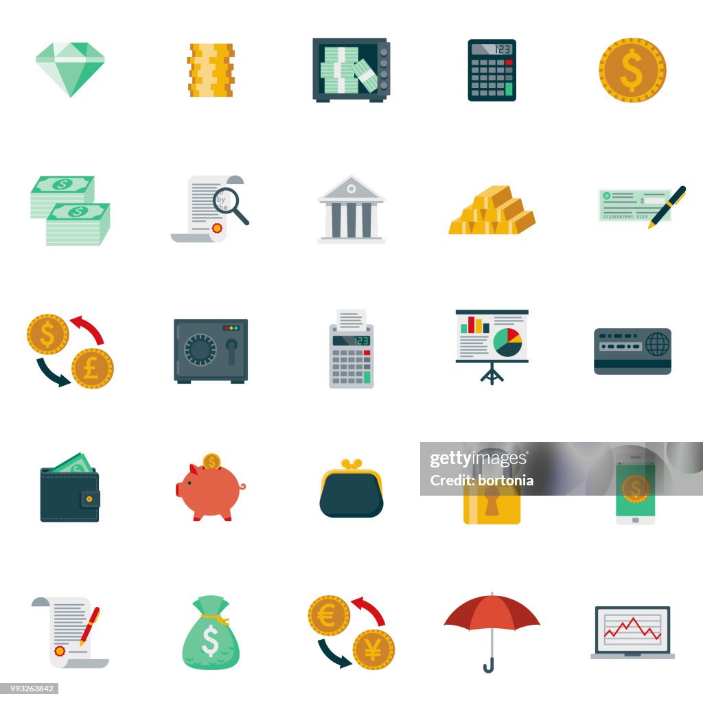 Banca de diseño plano y conjunto de iconos de finanzas
