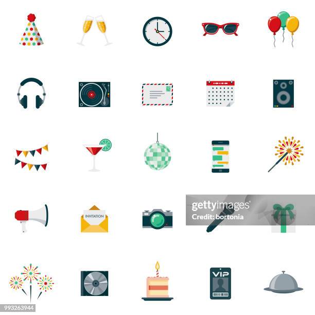 ilustraciones, imágenes clip art, dibujos animados e iconos de stock de fiesta y celebración conjunto de iconos de diseño plano - gorro de cumpleaños