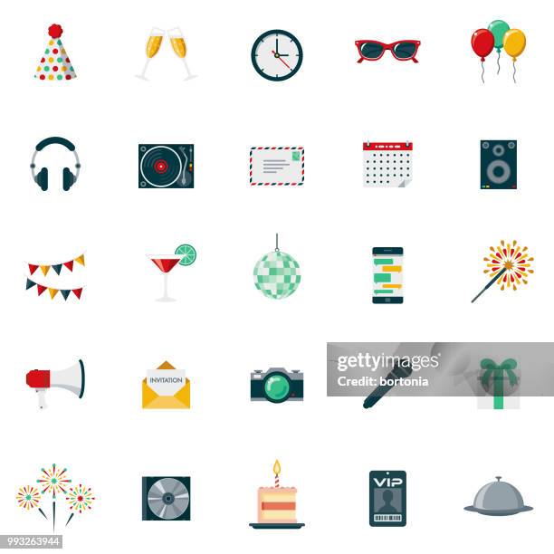 party & celebration flat design icon set - party hat stock illustrations