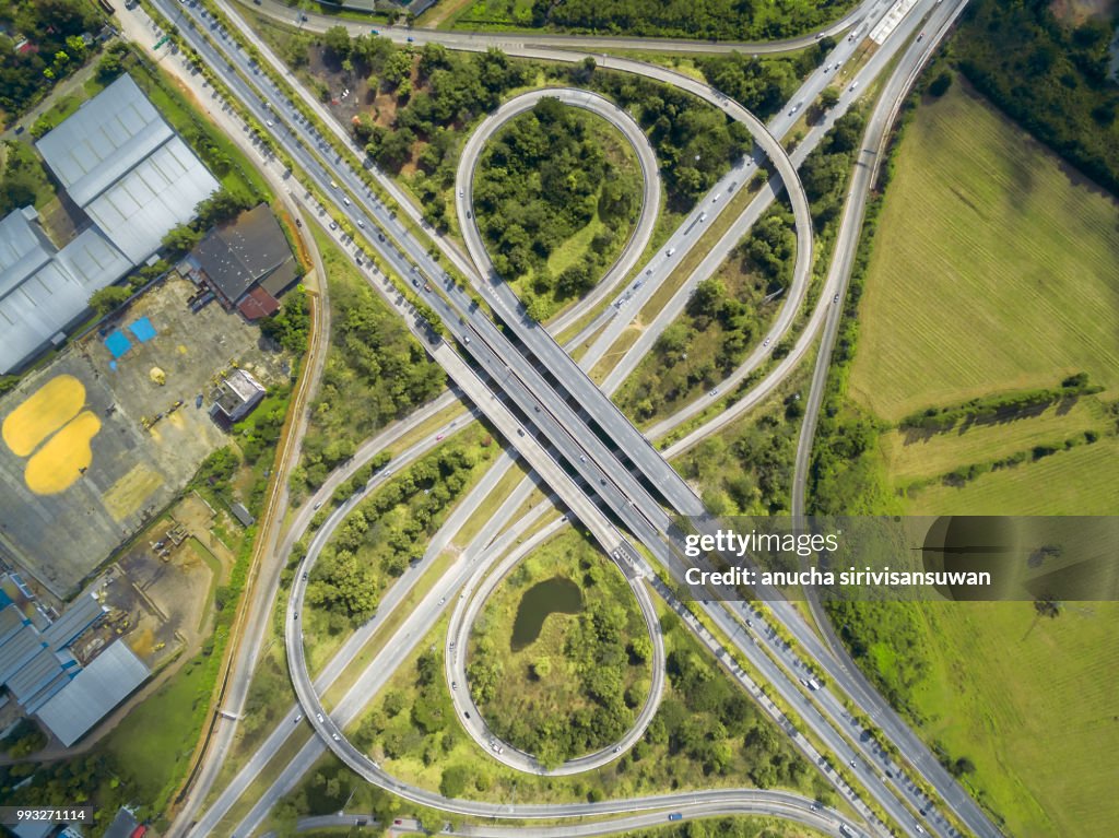 Aerial top view expressway road multi Lenses, Mittraphap road, Nakhon Ratchasima"n, thailand.