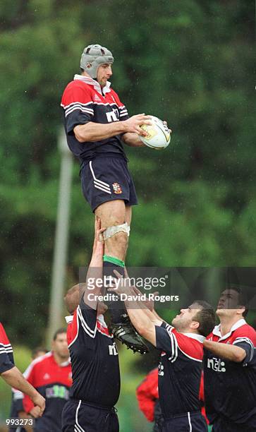Danny Grewcock, the lock for the British and Irish Lions rises high in the line out during training held at the Sydney Sports Academy in Sydney,...