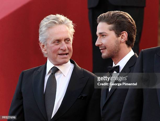 Actors Michael Douglas and Shia LaBeouf attend the Premiere of 'Wall Street: Money Never Sleeps' held at the Palais des Festivals during the 63rd...