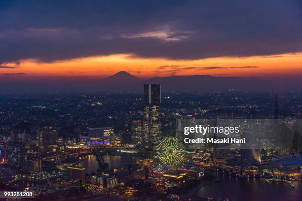 yokohama city skyline over the mt fuji aerial photography at dusk - hani stock pictures, royalty-free photos & images