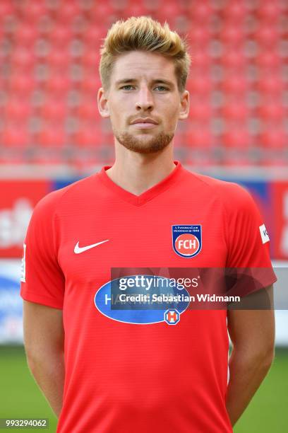 Kolja Pusch of 1. FC Heidenheim poses during the team presentation at Voith-Arena on July 6, 2018 in Heidenheim, Germany.