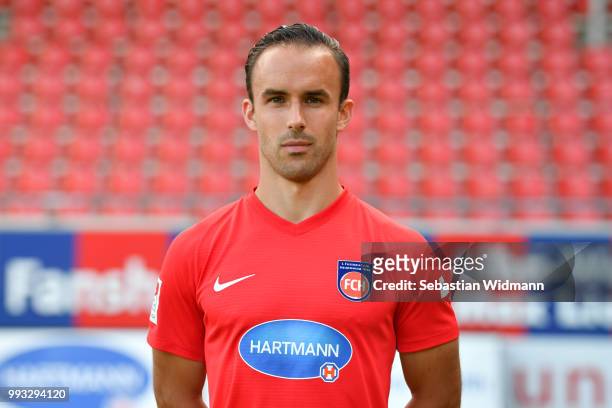 Robert Strauss of 1. FC Heidenheim poses during the team presentation at Voith-Arena on July 6, 2018 in Heidenheim, Germany.