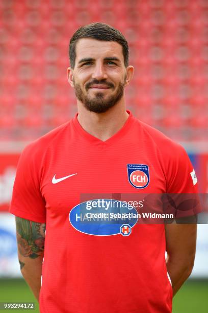 Norman Theuerkauf of 1. FC Heidenheim poses during the team presentation at Voith-Arena on July 6, 2018 in Heidenheim, Germany.