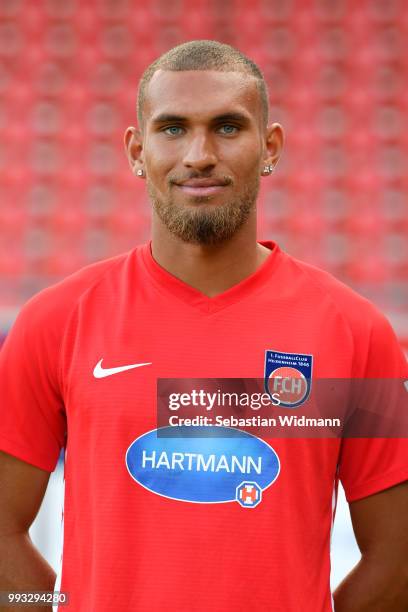 Kevin Lankford of 1. FC Heidenheim poses during the team presentation at Voith-Arena on July 6, 2018 in Heidenheim, Germany.