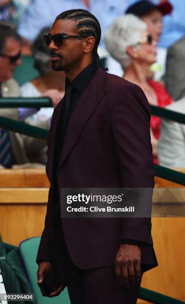 Boxer David Haye attends day six of the Wimbledon Lawn Tennis Championships at All England Lawn Tennis and Croquet Club on July 7, 2018 in London,...