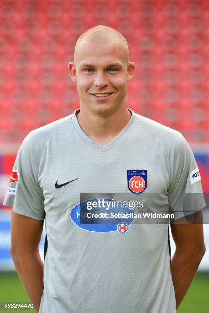 Matthias Koebbing of 1. FC Heidenheim poses during the team presentation at Voith-Arena on July 6, 2018 in Heidenheim, Germany.
