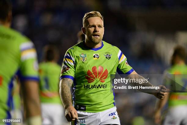 Blake Austin of the Raiders looks on during the round 17 NRL match between the Canterbury Bulldogs and the Canberra Raiders at Belmore Sports Ground...