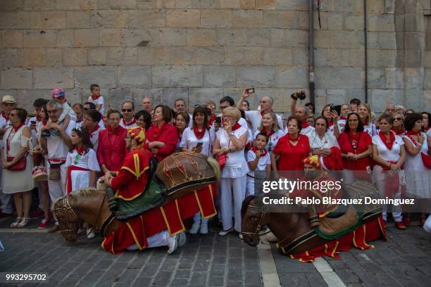 Zaldikos' rests was they wait during the Comparsa de Gigantes y Cabezudos, or Giants and Big Heads parade on the second day of the San Fermin Running...