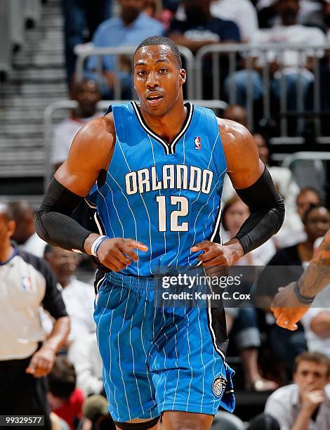 Dwight Howard of the Orlando Magic against the Atlanta Hawks during Game Three of the Eastern Conference Semifinals during the 2010 NBA Playoffs at...