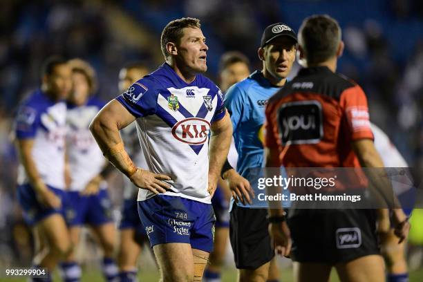 Joshua Jackson of the Bulldogs looks on during the round 17 NRL match between the Canterbury Bulldogs and the Canberra Raiders at Belmore Sports...