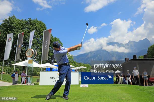 Barry Lane of England in action on the 1st tee during Day Two of the Swiss Seniors Open at Golf Club Bad Ragaz on July 7, 2018 in Bad Ragaz,...