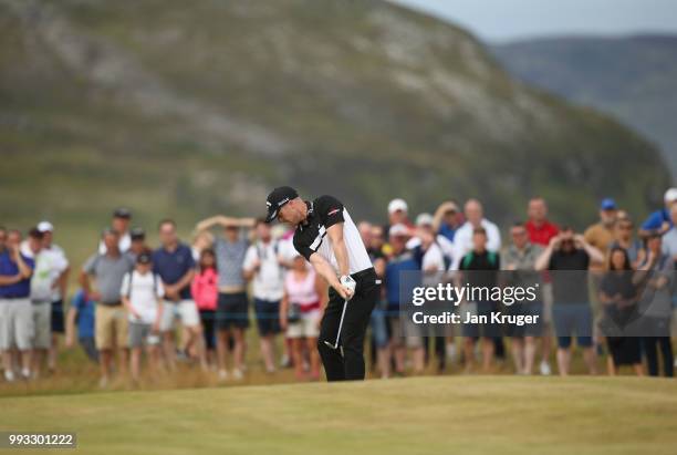 David Horsey of England plays his second shot on the second hole during the third round of the Dubai Duty Free Irish Open at Ballyliffin Golf Club on...